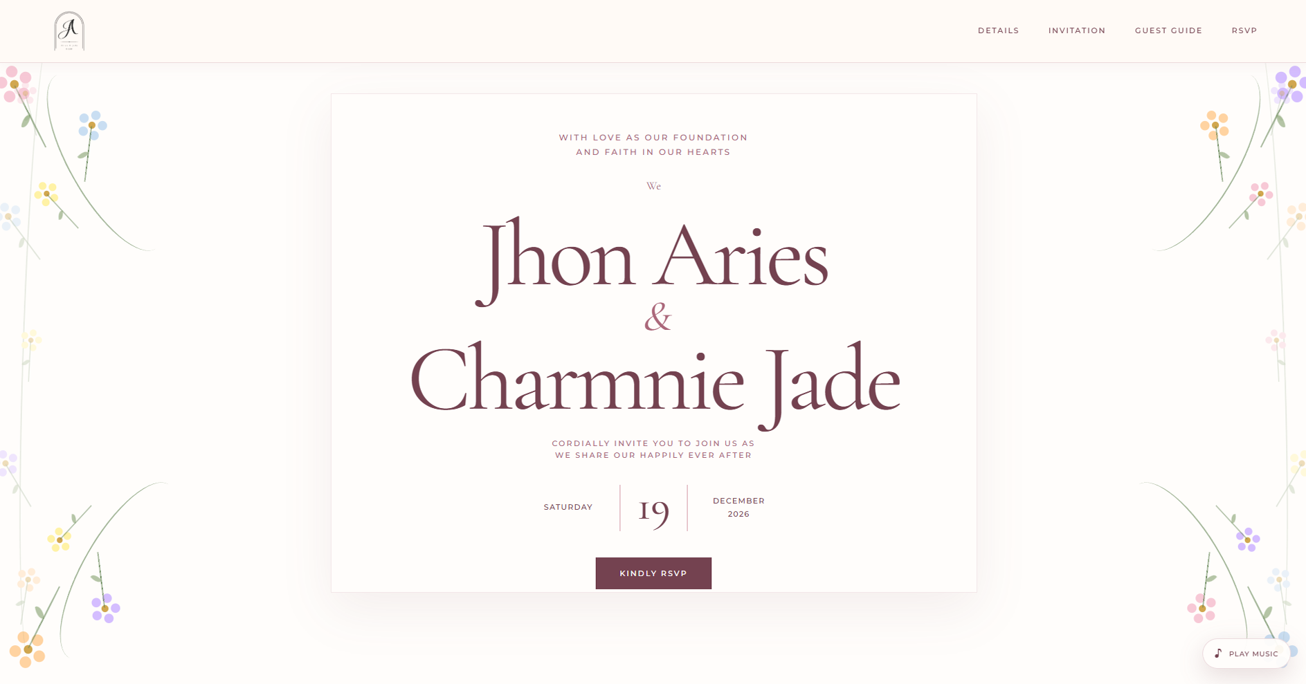 Aries and Jade digital wedding invitation hero screen