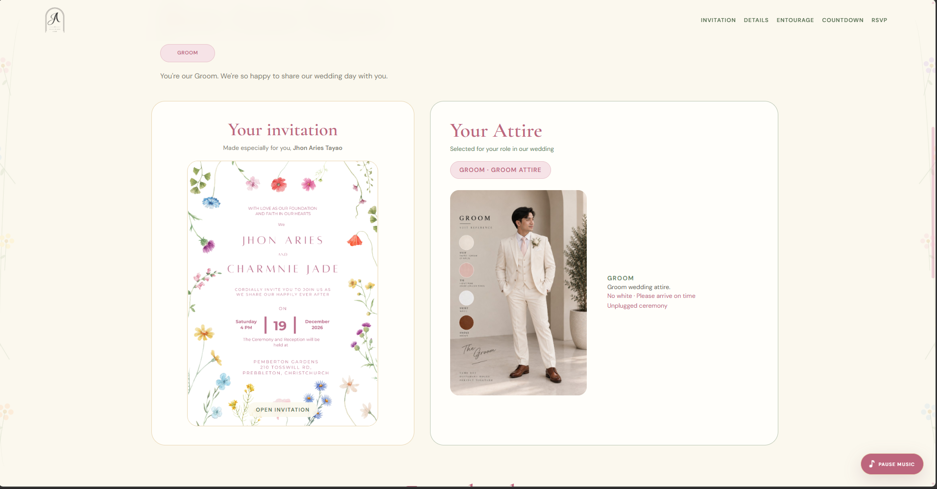 Personalised wedding invitation and role-specific attire guide