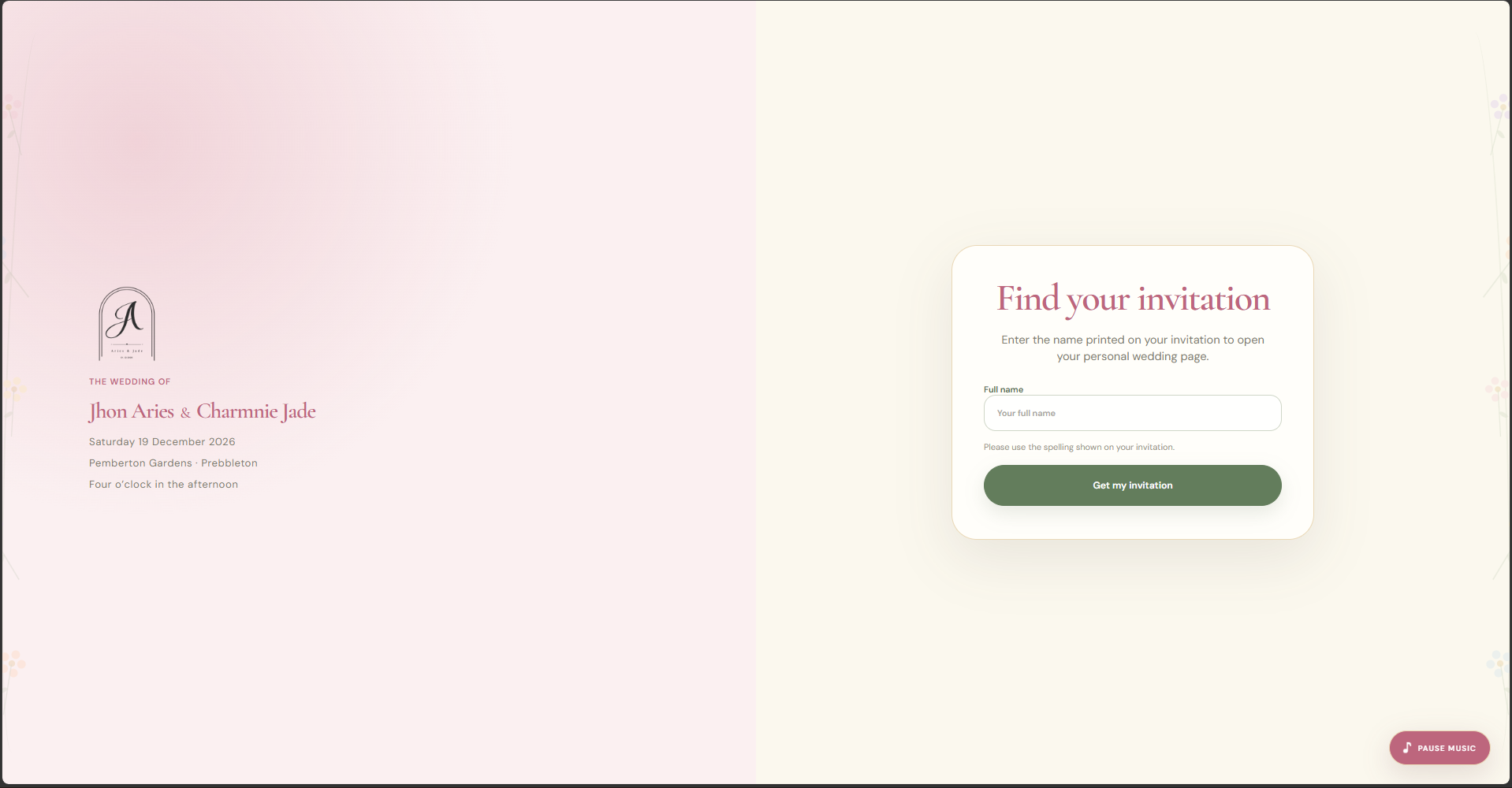 Wedding invitation lookup form for guests to enter their full name