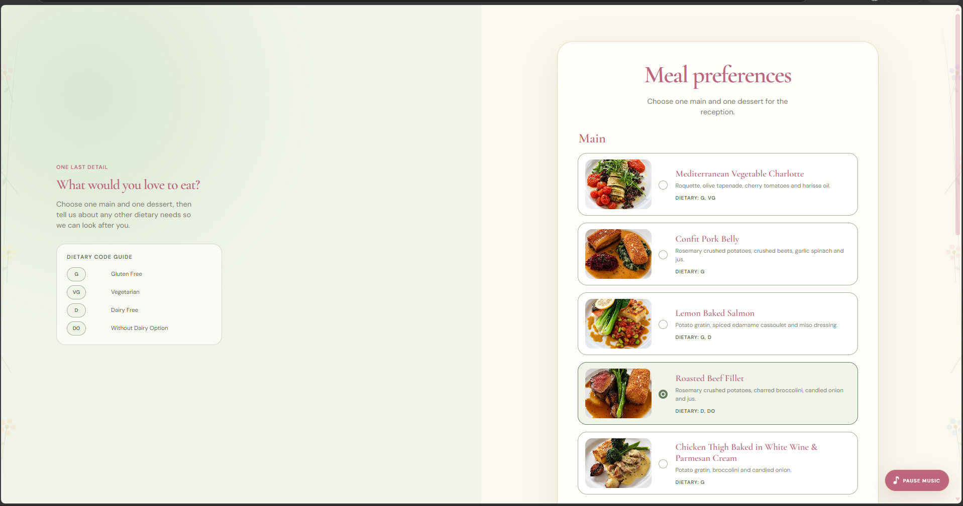 Wedding RSVP meal selection with main courses and dietary information