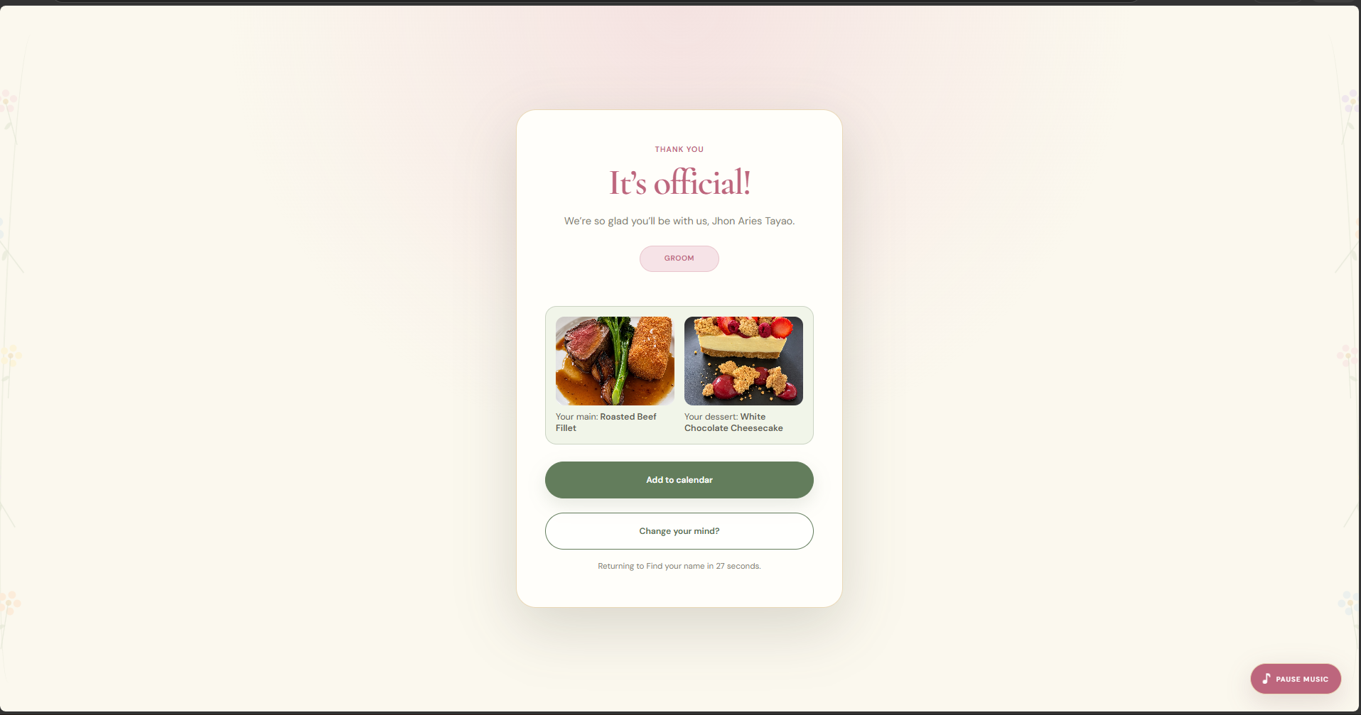 Wedding RSVP confirmation with chosen main and dessert and an add-to-calendar button