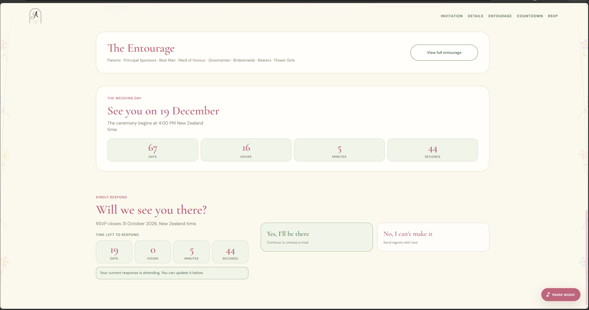Wedding RSVP attendance choices and response deadline countdown