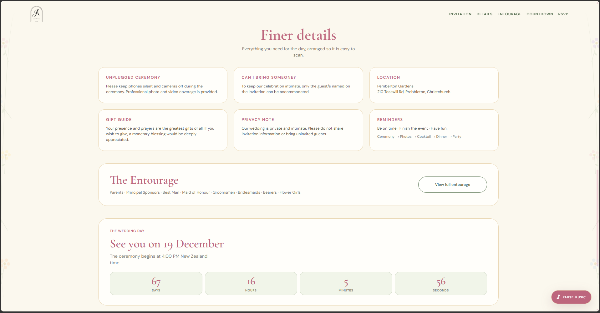 Wedding event details, entourage link, and wedding day countdown