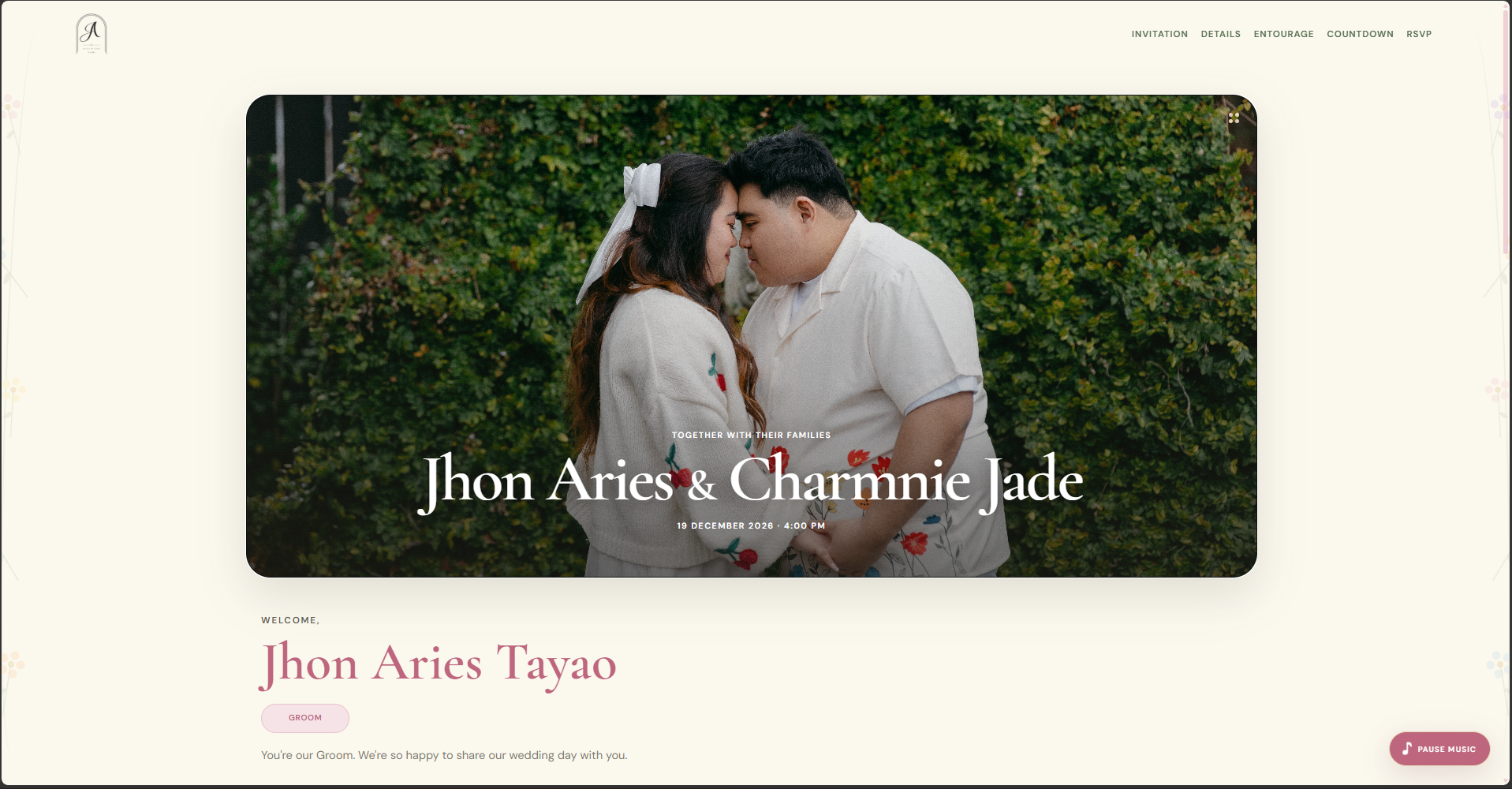 Aries and Jade wedding homepage with couple photo and personalised guest welcome