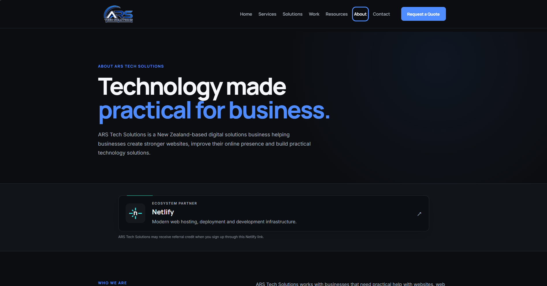 ARS Tech Solutions about page introducing the New Zealand digital solutions business