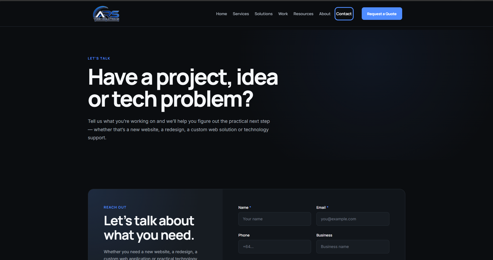 ARS Tech Solutions contact page with a customer enquiry form