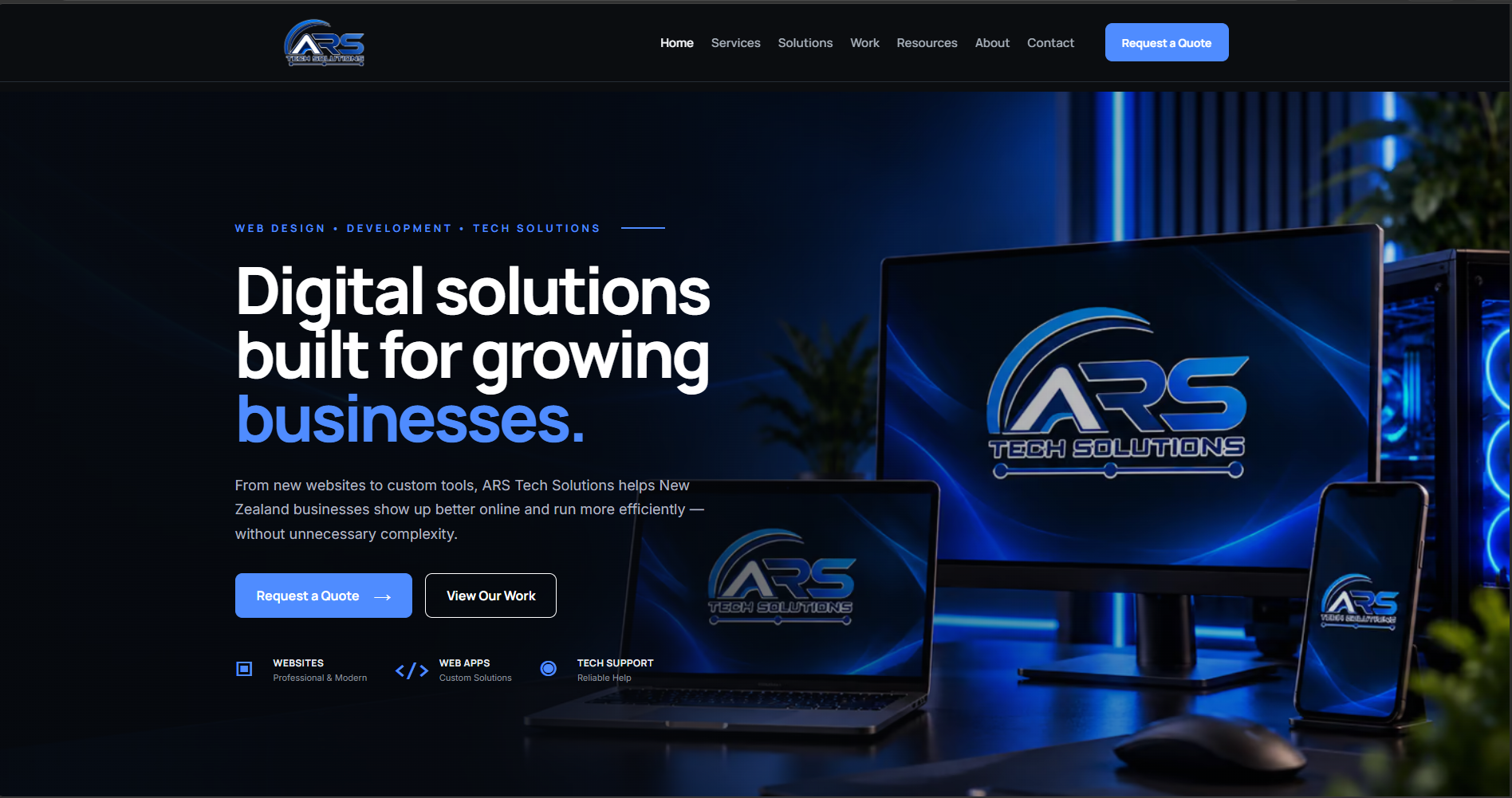 ARS Tech Solutions homepage with branded hero and request-a-quote button