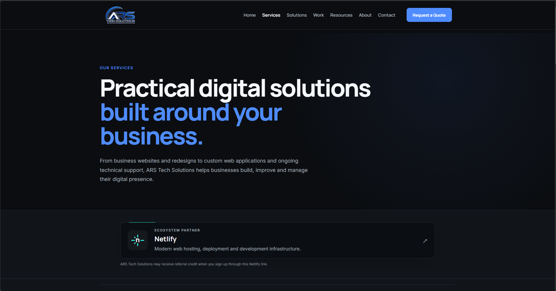 ARS Tech Solutions services page introducing business websites, web applications, and technical support