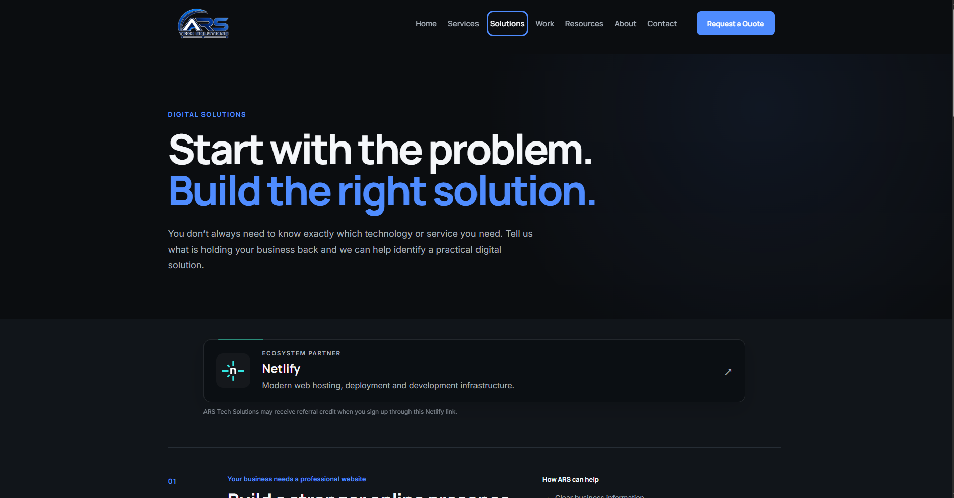 ARS Tech Solutions digital solutions page focused on business problems