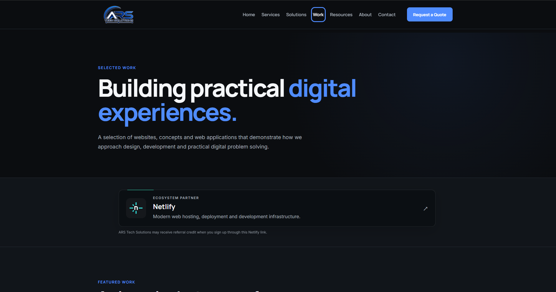 ARS Tech Solutions selected work page showcasing digital projects