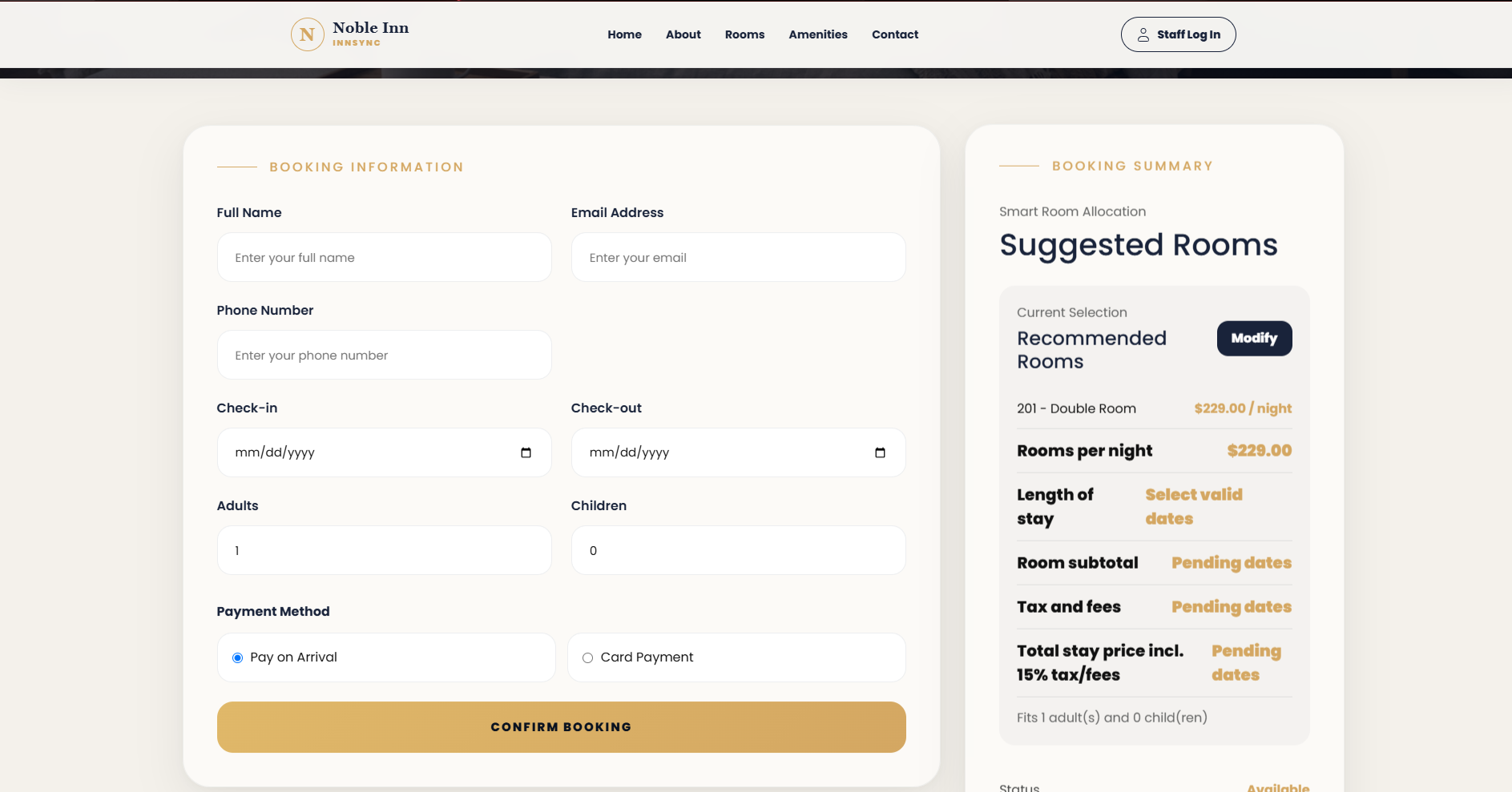 Noble InnSync booking form