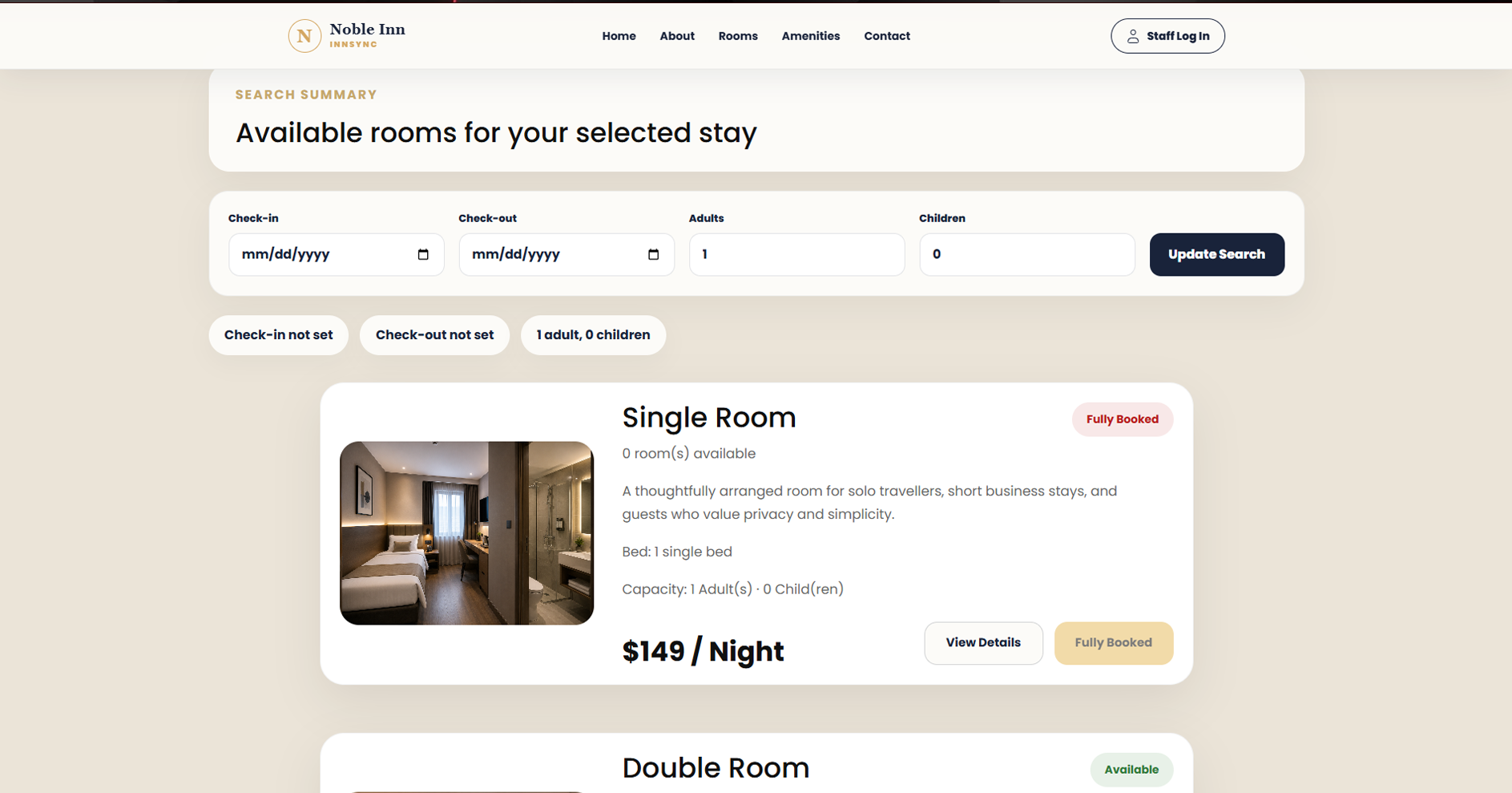 Noble InnSync rooms listing page