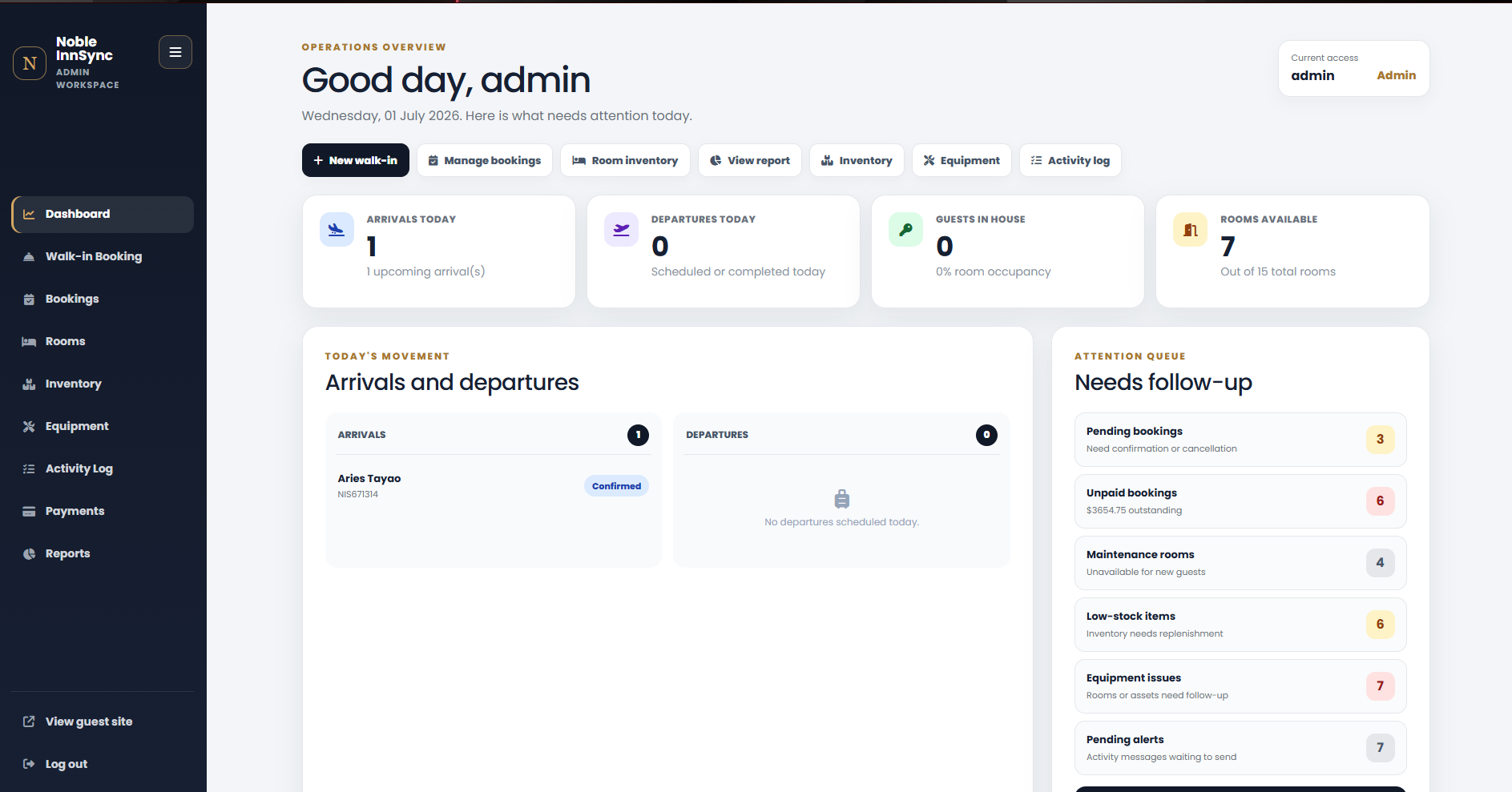 Noble InnSync staff dashboard portal
